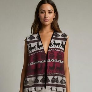 𝅺vintage Woven Southwestern Red Black & White Llamas Sleeveless Vest Size Large
